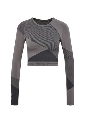 Gray long-sleeve crop top featuring varying diagonal stripe patterns in darker shades with subtle texture and a rounded neckline.