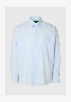Svijetloplava prugasta košulja na kopčanje s raširenim ovratnikom, džepom na prsima i dugim rukavima, izrađena od glatkog tkanja s diskretnom teksturom.