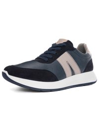 Men's navy blue and gray low-top sneaker with white sole and lace-up closure, angled view on a white background.