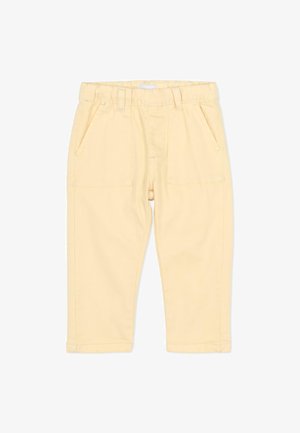 Pantalon en coton jaune avec une coupe droite, doté de deux poches avant et d'une ceinture simple. Texture lisse et coutures nettes.