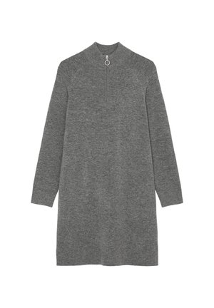 Robe en maille grise à manches longues avec col montant et fermeture éclair courte sur le devant avec un curseur métallique rond.