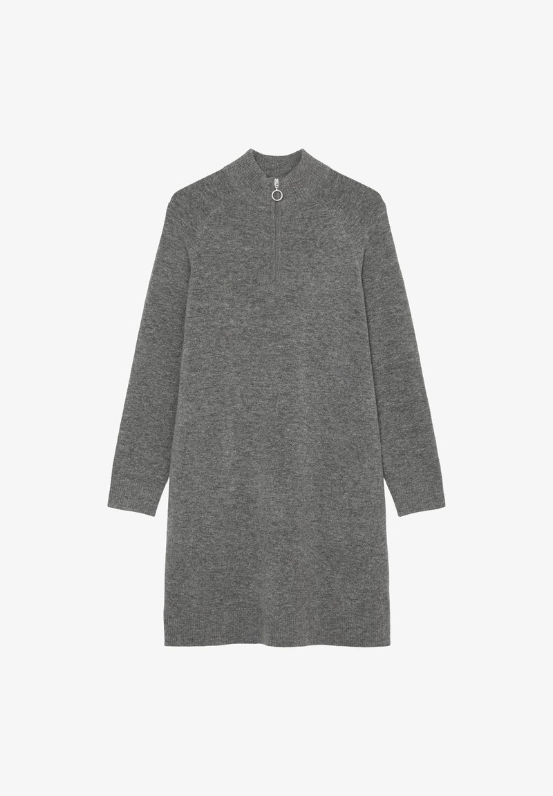 Robe en maille grise à manches longues avec col montant et fermeture éclair courte sur le devant avec un curseur métallique rond.