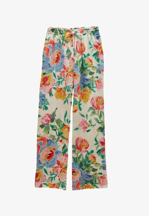 Pantaloni cu croială largă, talie elastică și șnur, cu un model floral colorat pe un fundal deschis.