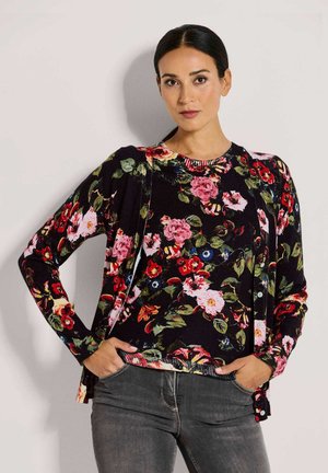 Schwarzer Blumensweater mit lebhaften Rosen- und Blattmustern, rundem Ausschnitt, langen Ärmeln und einem gerippten Saum in kontrastierenden Farben.