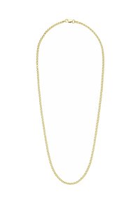 Collier en chaîne dorée, présentant des maillons entrelacés, une surface lisse et un fermoir sécurisé. Design simple avec une épaisseur uniforme.