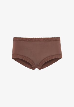 Bruine hipsteronderbroekjes met een gladde textuur en kanten rand langs de tailleband, met een klassieke hipster snit en zachte stof.