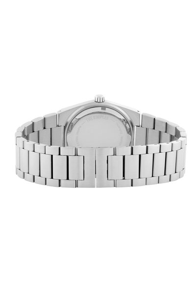 Reloj de acero inoxidable plateado con acabado cepillado, caja octogonal y pulsera enlazada. Presenta una corona en el lateral y una parte trasera lisa.