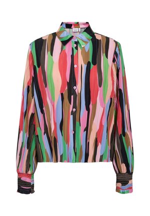 Chemise à manches longues boutonnée avec des rayures verticales abstraites multicolores en rose, vert, noir, rouge, bleu et marron, avec un col pointu.