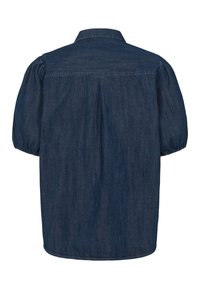 Donkere denim blouse met een klassieke kraag, korte pofmouwen en een losse pasvorm. De achterkant heeft een inzetstuk en subtiele vormgeving bij de zoom.