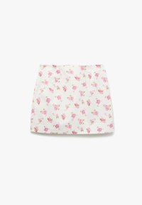 Falda blanca con un patrón floral de rosas rosas y hojas verdes. Hecha de una tela ligera, tiene una silueta recta.