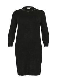 Black knitted dress with a round neckline, long puff sleeves, and ribbed cuffs. Smooth texture with a subtle silver accent around the neckline.