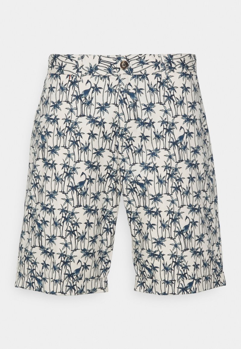 Shorts blancs avec imprimé de palmiers bleus et flamants roses, fermeture par bouton et poches latérales, posés à plat sur un fond blanc.