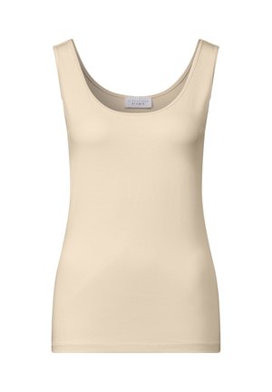 Beige tank top with a scoop neckline, sleeveless design, smooth texture, and a fitted silhouette. Label: "STREET ONE STUDIO."