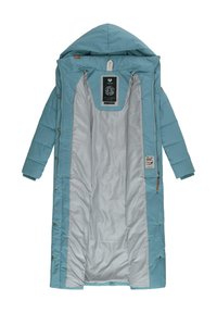 Jasnoniebieski ocieplany płaszcz z kapturem, z wewnętrzną srebrną podszewką, zapięciem na napy z przodu oraz metką marki w środku.