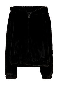Black, faux fur zip-up jacket with a hood, featuring elastic cuffs and a relaxed fit. Soft texture with no visible patterns or hardware.