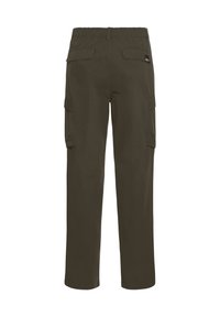Cargo-Hosen aus dunkelgrünem Stoff, mit einem lässigen Schnitt, elastischem Bund und zwei seitlichen Taschen mit Klappen.