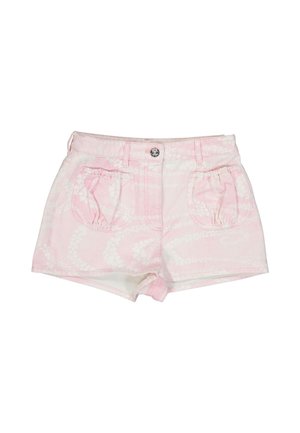 Short en denim rose clair avec motif tie-dye blanc, poches avant élastiquées, passants de ceinture et fermeture à bouton à la taille.