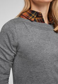 Nahaufnahme einer Person, die einen grauen Strickpullover über einem karierten Hemd in Rot, Gelb und Schwarz trägt, vor einem neutralen Hintergrund.