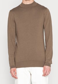 Brown, fitted long-sleeve sweater with a high neck and ribbed cuffs and hem, made from soft, lightweight material.
