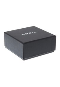 Schwarze quadratische Box aus strukturiertem Papier mit einem weißen "BREIL"-Logo auf der Oberseite, das ein klares, einfaches Design und glatte Kanten aufweist.