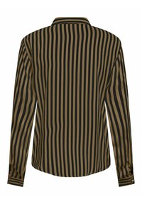 Chemise à manches longues avec des rayures verticales noires et marron, poignets boutonnés et col classique, vue de dos.