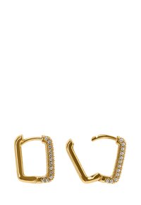 Gouden creolen met vierkante vorm, voorzien van een lijn van heldere rhinestones langs één rand. Gepolijste afwerking, strak ontwerp.