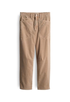 Pantaloni in cotone beige con vestibilità rilassata, dotati di quattro tasche, chiusura con bottone e design a gamba dritta. Tessuto liscio e dettagli minimi.