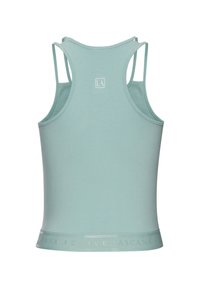 Helles grünes aktives Tanktop aus weichem Stoff. Es verfügt über ein körperbetontes Design, dünne Träger und einen gebrandeten Taillenbund mit dem Text "Lascana".