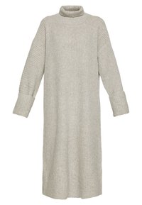 Robe en tricot à col roulé de couleur gris clair, présentant une coupe décontractée, des manches longues, une texture côtelée et un ourlet droit. Idéale pour une tenue décontractée.