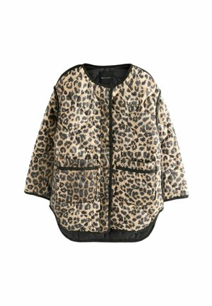 Pánska prešívaná bunda s leopardím vzorom a čiernym lemovaním, obsahujúca dve predné vrecká, patentný uzáver a okrúhly výstrih.