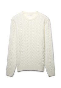 Sweter w kolorze kremowym, dziany, z wzorem w warkocze, z okrągłym dekoltem i ściągaczami przy mankietach oraz dolnym brzegu. Rozmiar XL.