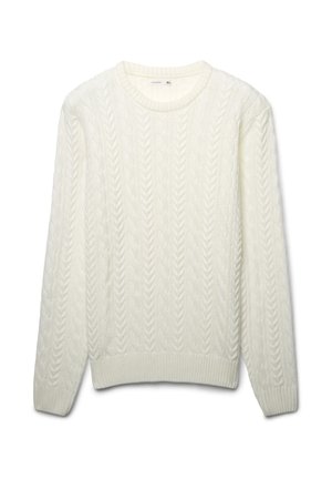 Maglione lavorato a maglia color crema con motivo a treccia, con scollatura a girocollo e polsini e orlo a coste. Taglia XL.