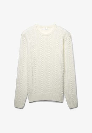 Sweter w kolorze kremowym, dziany, z wzorem w warkocze, z okrągłym dekoltem i ściągaczami przy mankietach oraz dolnym brzegu. Rozmiar XL.