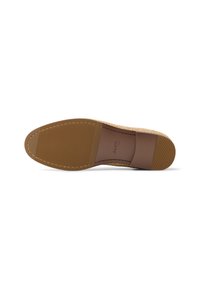 Tan synthetic sole with textured rubber grip, featuring a woven upper section and a decorative accent at the heel. Clean design, flat profile.
