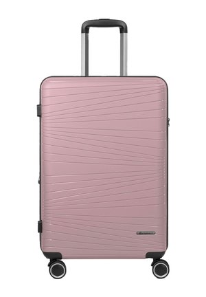 Pink hard-shell suitcase with raised diagonal lines, telescopic black handle, and four spinner wheels for easy transport.