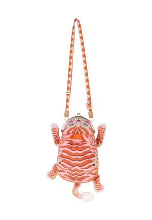 Crossbodytas in de vorm van een roze en oranje gestreepte tijger met een gezicht, pootjes, staart en een verstelbare, patroonband.