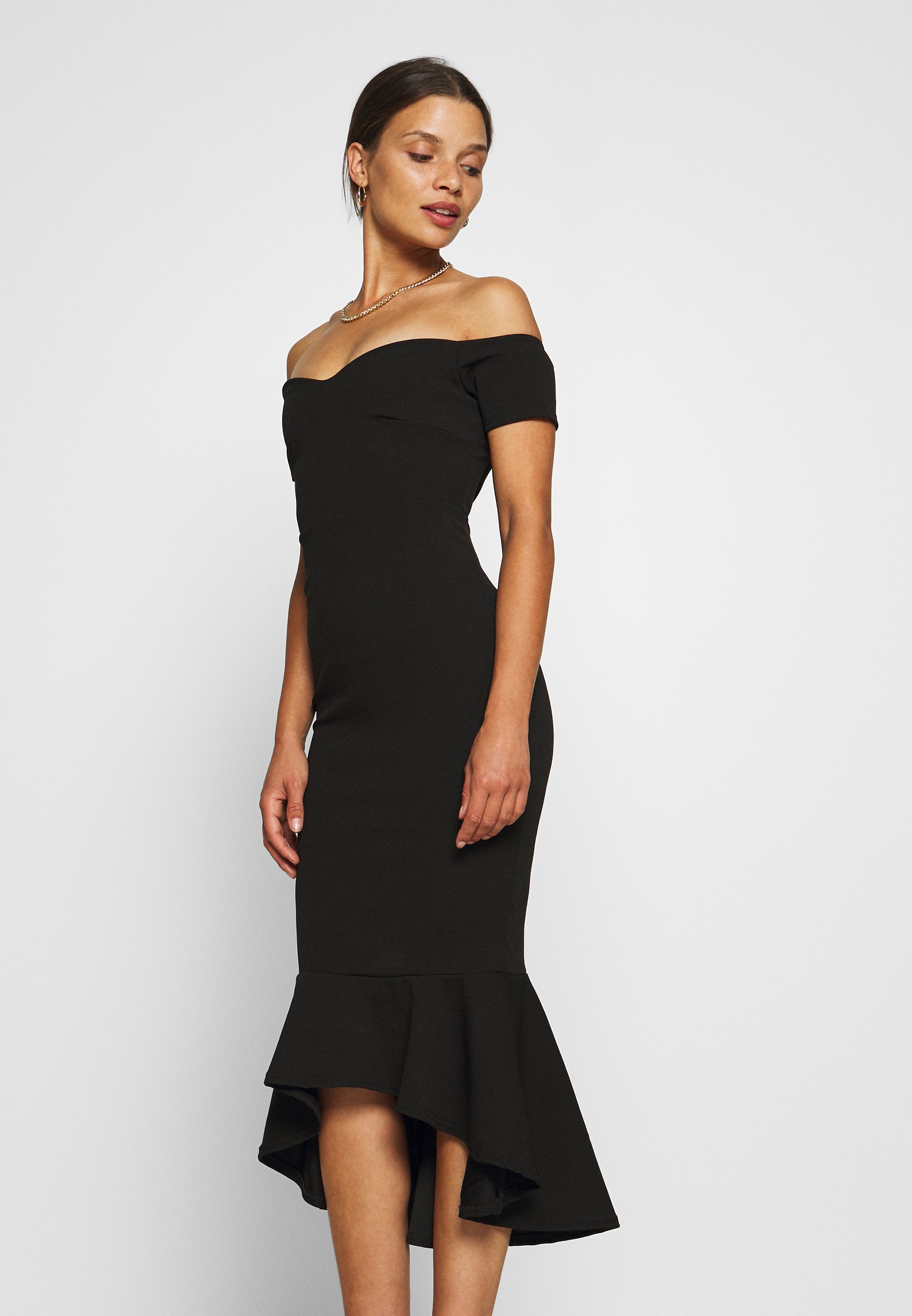 black bardot fishtail midi dress