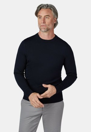 Man met grijs haar en baard, die een zwarte trui met lange mouwen en lichtgrijze broek draagt, staand met de handen bij de taille en kijkt naar rechts.