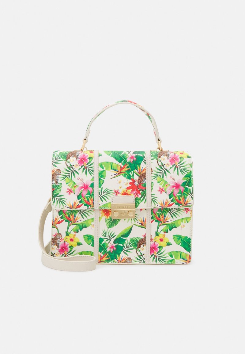 Kwiatowa torba na ramię z zielonymi i różowymi tropikalnymi wzorami, białego materiału syntetycznego, złotymi elementami, górnym uchwytem i regulowanym paskiem na ramię.