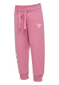 Rosa mjukisbyxor i bomull, med elastiskt midjeband med dragsko, ribbade manschetter och en vit logotypdetalj på låret.