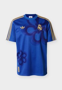Blue short-sleeve sports shirt with gold stripes on sleeves, dark blue floral patterns, and gold embroidered logos on chest and lower hem.