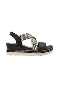 Black leather wedge sandal featuring a woven striped pattern in cream and black. Thick sole with contrasting light beige accent.
