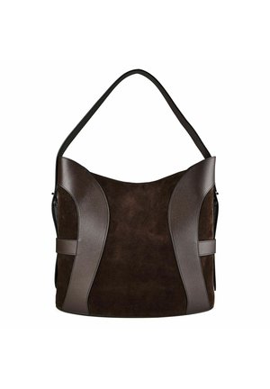 Dunkelbraune Wildleder- und Glattleder-Schultertasche mit breitem Riemen und gebogenem Paneeldesign vorne und an den Seiten.