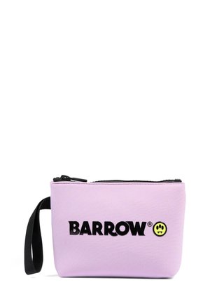Pochette mauve clair zippée avec une lanière noire pour poignet, texte "BARROW" et logo visage souriant jaune à l'avant.