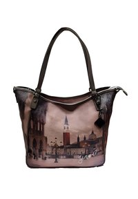 Borsa a tracolla realizzata in materiale sintetico testurizzato, con una stampa del panorama urbano di Venezia in colori tenui, manici in pelle e un charm decorativo.