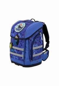 Zaino blu con un design a motivo geometrico, dotato di strisce riflettenti, un patch circolare e spallacci regolabili. Materiale resistente con cerniere.