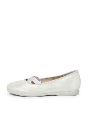 Ballerine bianche scintillanti con punta arrotondata, dotate di una morbida fascetta elastica incrociata e di una suola in gomma flessibile per il massimo comfort.