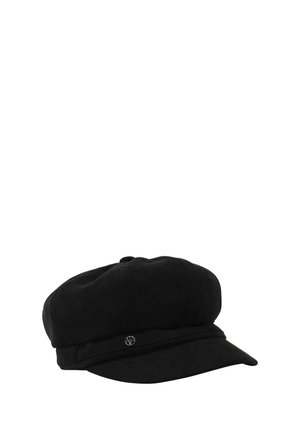 Black cotton newsboy cap with a small silver circular logo pin on front above the short, curved brim.