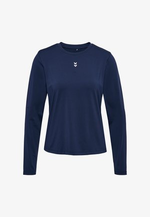 Marinblus med långa ärmar och rund halsringning, tillverkad av mjukt tyg. Har en liten vit chevron-logotyp på bröstet. Enkel, tät passform.