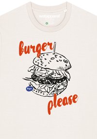 T-shirt crème avec un graphique de hamburger dessiné au trait noir et le texte rouge et bleu "burger s'il vous plaît" en dessous.